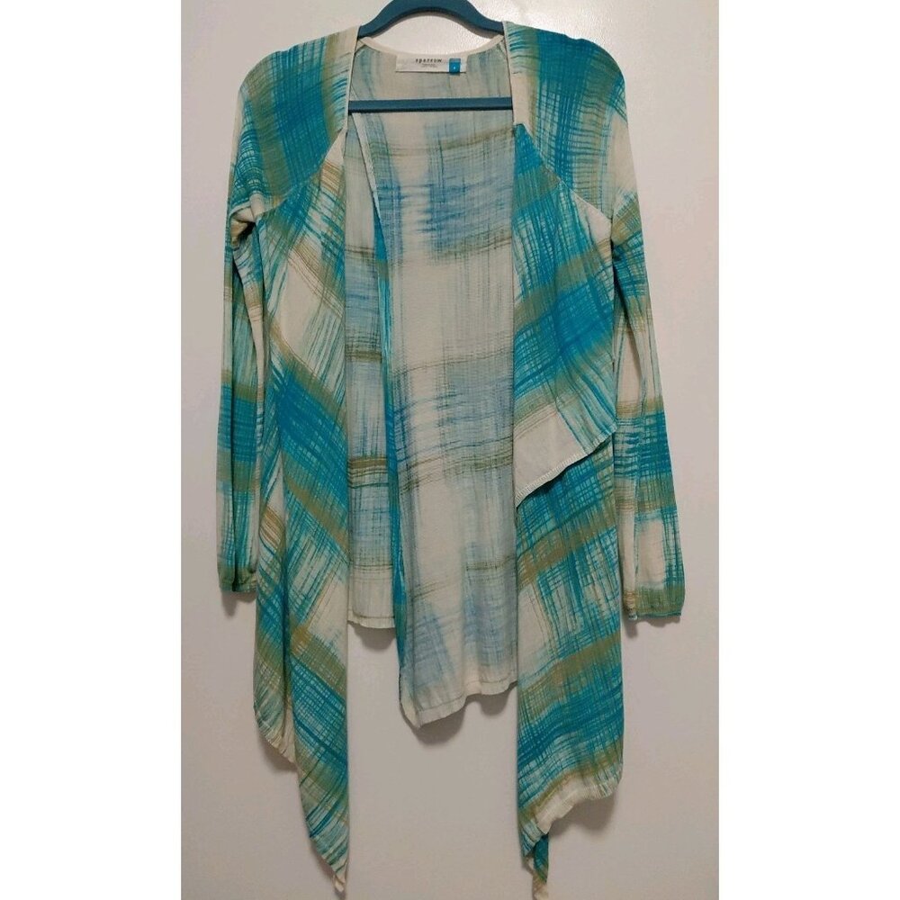 SPARROW Anthropologie Revolution Blue Green Plaid Open Front Cardigan Small